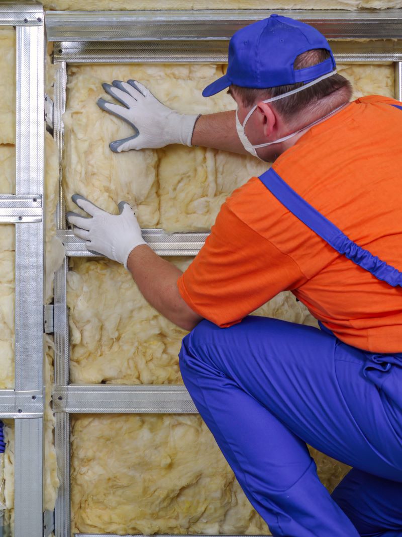 Worker installs rock wool insulation in a commercial building