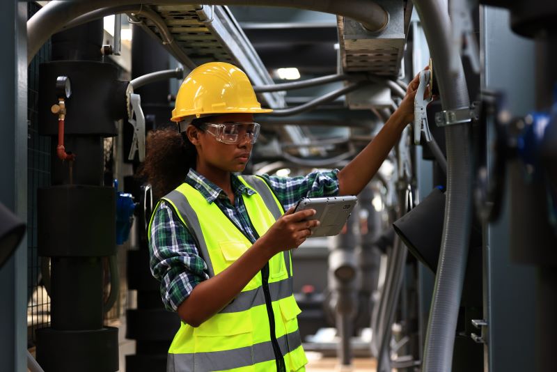 A female engineer wearing a yellow safety vest and yellow helmet works to check the cooling system of HVAC in a large commercial building.